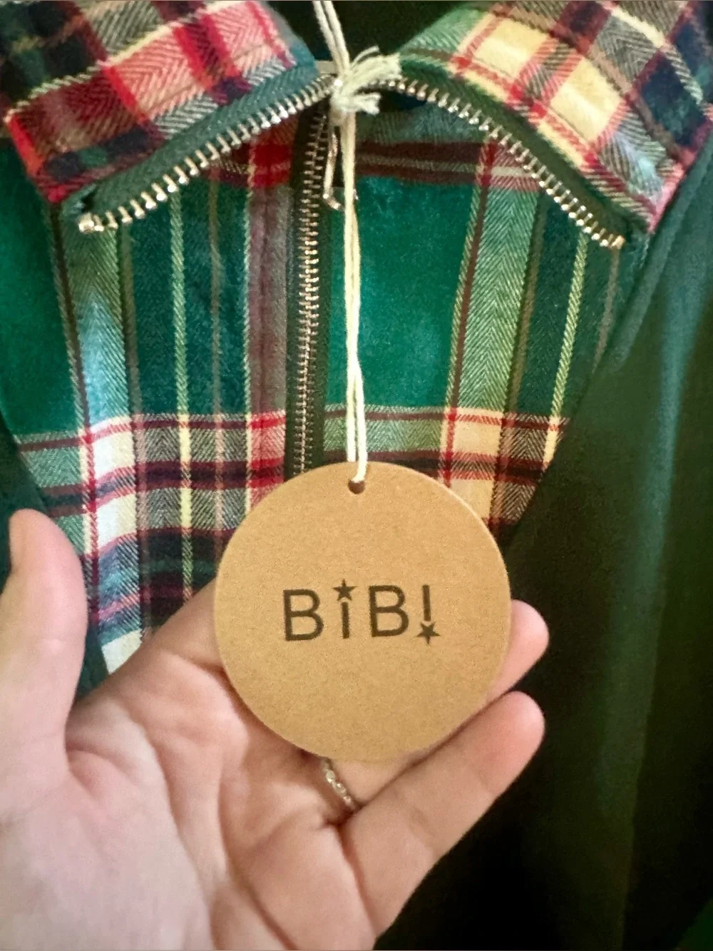BiBi Green Juniper Pullover with Plaid Trim, Holiday, Christmas - Picture 3 of 4